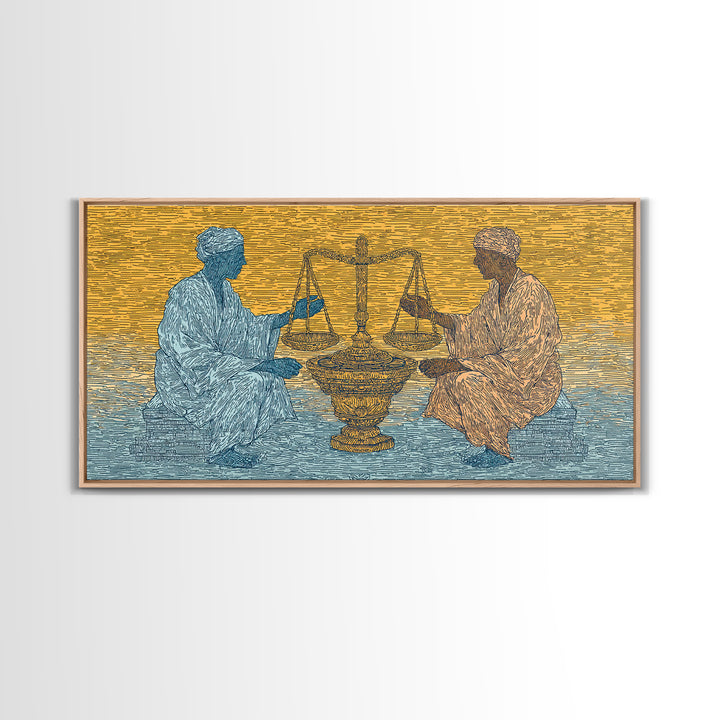 African Elders With Scales Of Justice Canvas Print, Cultural Wall Art, Legal Office Decor, Tribal Wisdom Art Gift For Him