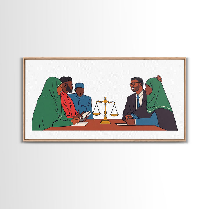 Muslim Family Mediation With Golden Scales Wall Art, Canvas Print, Legal Office Decor, Cultural Meeting Room Artwork Gift