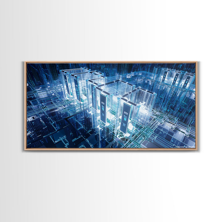 Blue Afrofuturist Data City, Glowing Digital Towers Wall Art, Modern African Abstract, Tech Office Decor, Unique Canvas Gift