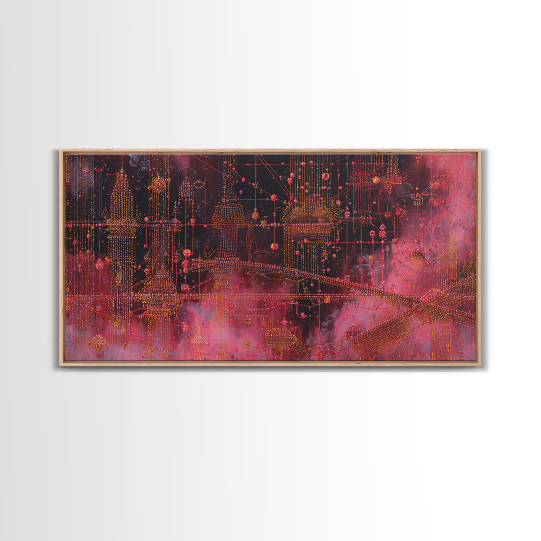 Crimson Circuit Dreamscape With Golden Towers Canvas Print, Modern African Art Abstract, Afrofuturism Decor, Bold Wall Decor