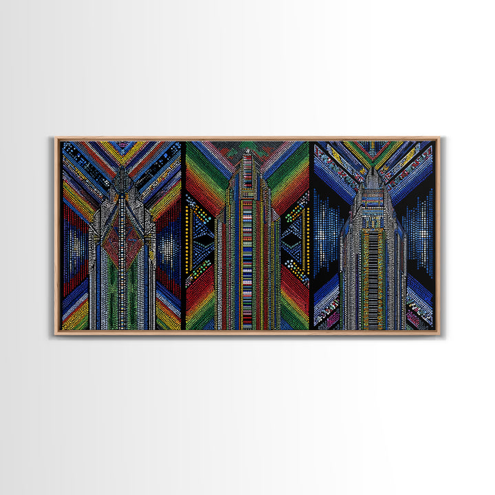 Geometric Beadwork Triptych Towers Wall Art, Abstract African Art, Ankara Pattern Decor, Modern Tribal Canvas Print Gift