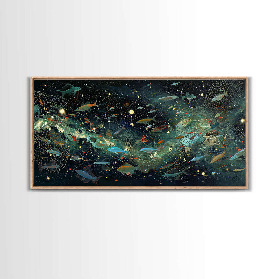 Cosmic Underwater Fish Galaxy Wall Art, Dreamy Ocean Canvas Print, African Inspired Nature Scene Art, Teal Modern Decor Gift