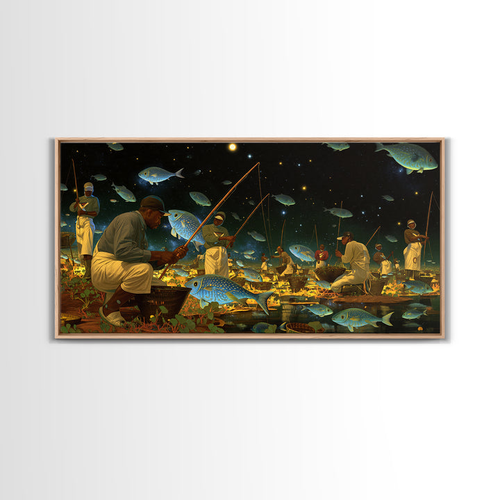 Black Fishermen Under Starry Fish Sky Canvas Print, African Wall Art, Afrocentric Culture Art, Magical Night Decor, Unique Gift