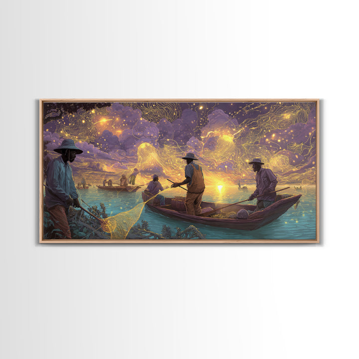 Golden Sunset Fishermen And Glowing Nets Wall Art, African Inspired Landscape, Black Culture Art, Serene Boat Canvas Print