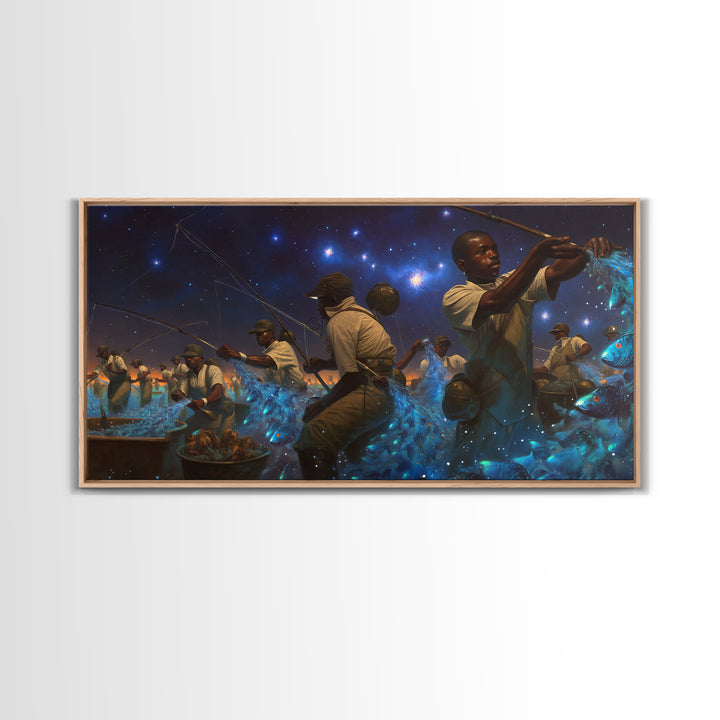 Starlit African Night Fishermen With Glowing Blue Fish Canvas Print, Afrocentric Wall Decor, Black Culture Art, Unique Home Decor