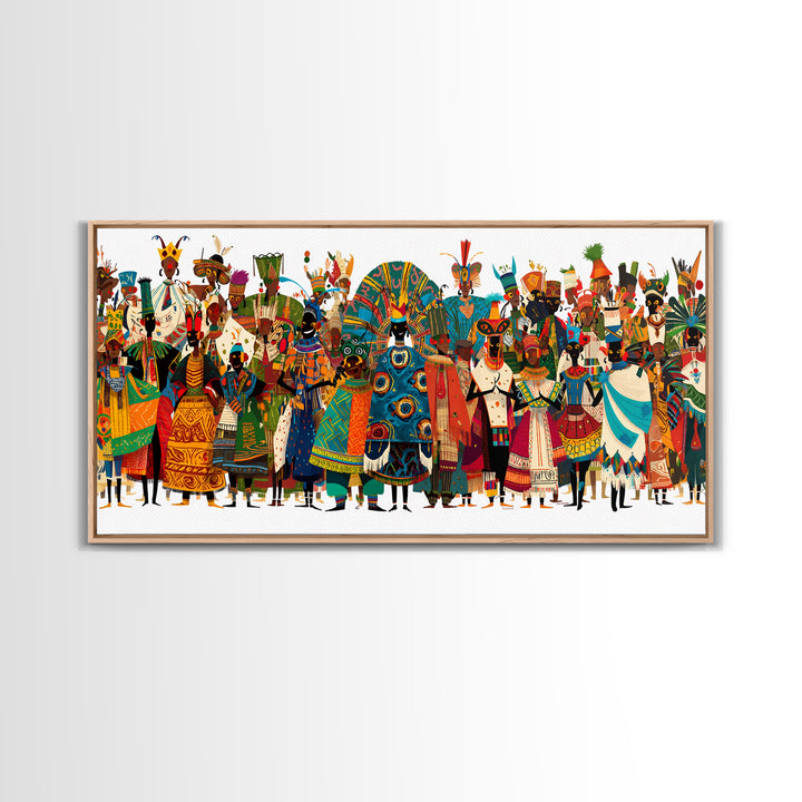 Vibrant African Tribal Festival Crowd With Masks Canvas Print, Afrocentric Wall Art, Colorful African Art, Cultural Decor