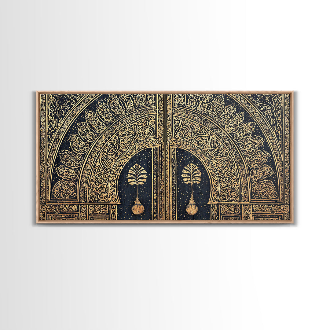 Gold Ornate African Arch Door With Palm Motifs Framed Canvas Print, Moroccan Wall Decor, Cultural Home Decor, Black Gold Art
