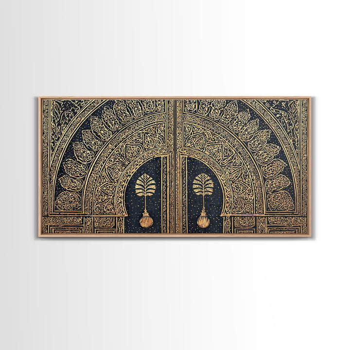 Gold Ornate African Arch Door With Palm Motifs Framed Canvas Print, Moroccan Wall Decor, Cultural Home Decor, Black Gold Art
