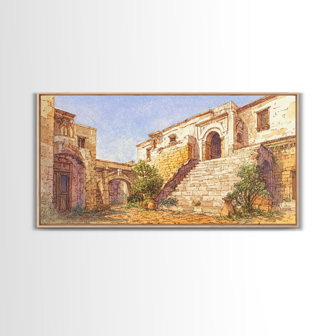 Sunlit Stone Stairway And Arches Framed Canvas Print, African Inspired Architecture Art, Beige Wall Art, Elegant Home Decor
