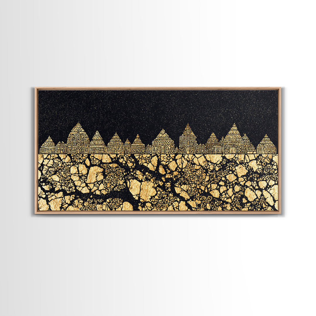 Golden Tribal Village Under Stars Canvas Print, African Tribal Art, Black And Gold Art, Cultural Wall Decor, Statement Piece