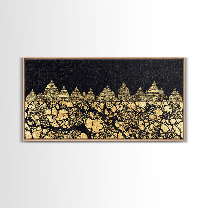 Golden Tribal Village Under Stars Canvas Print, African Tribal Art, Black And Gold Art, Cultural Wall Decor, Statement Piece