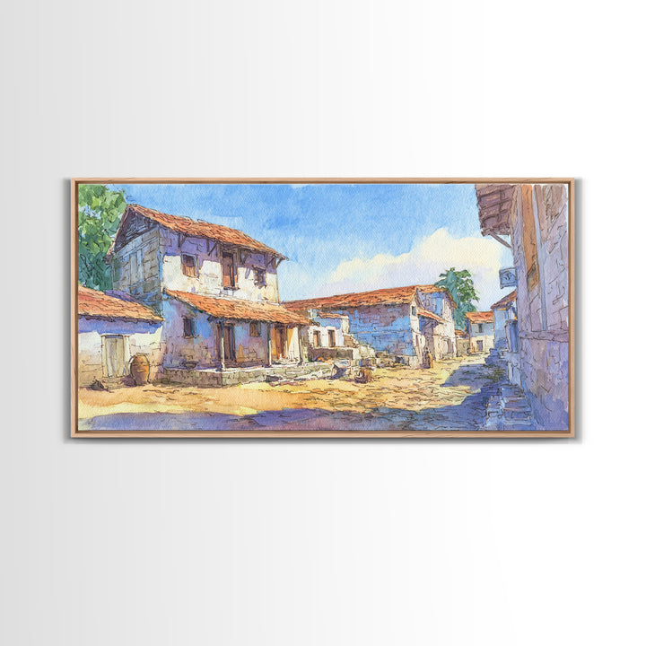 Sunlit African Village Street Wall Art, Rustic Blue Houses Painting, African Landscape, Cultural Home Decor, Large Wall Art