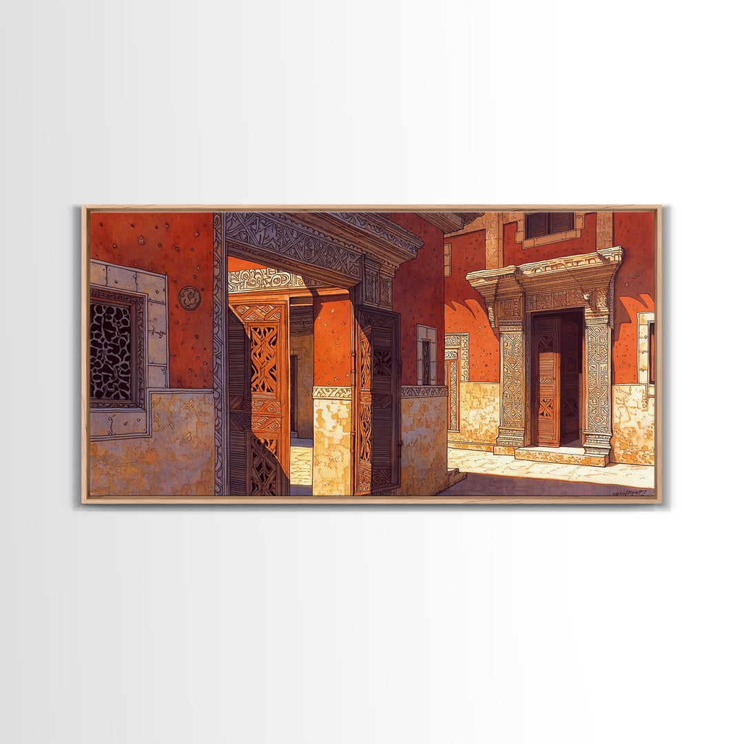 Ornate Orange African Doorway Framed Canvas Print, Swahili Architecture Art, African Wall Decor, Bold Home Decor Gift For Him