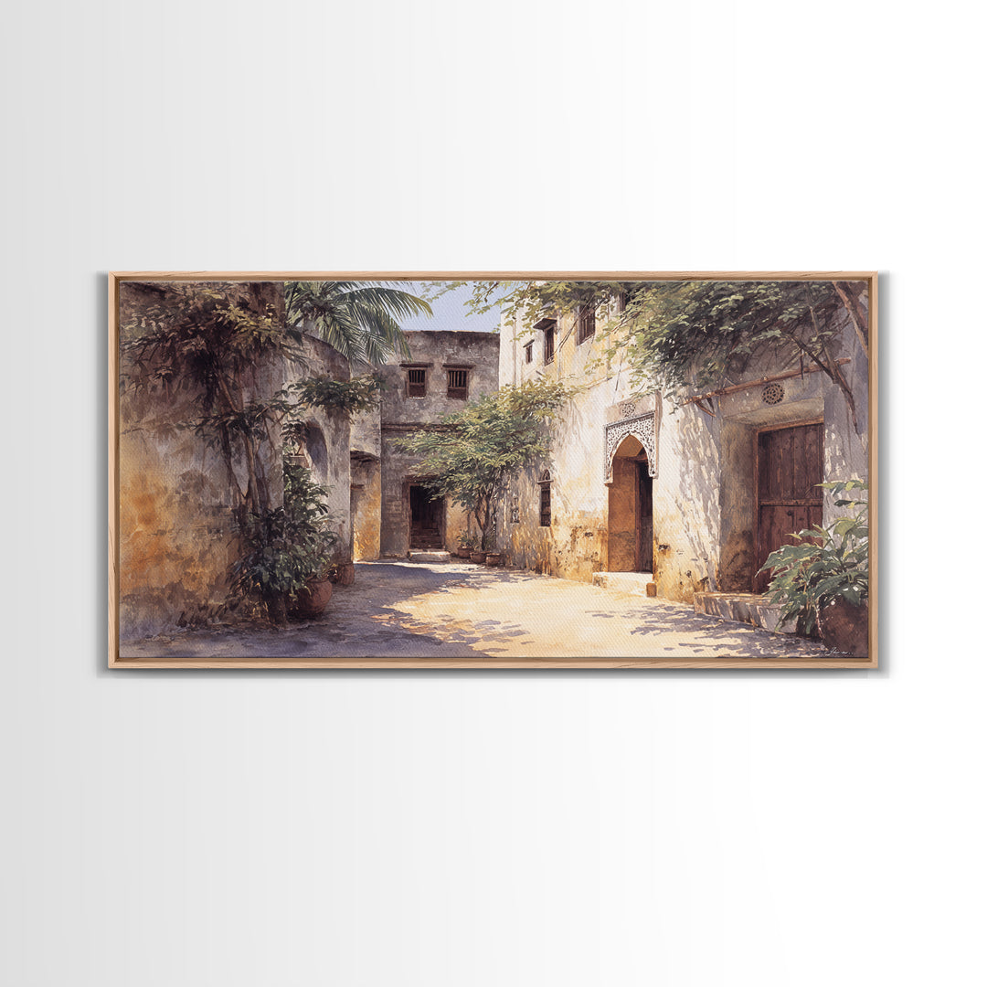 Shaded Tropical African Courtyard Wall Art, Old Stone Doorway Painting, African Home Decor, Boho Wall Decor, Unique Gift