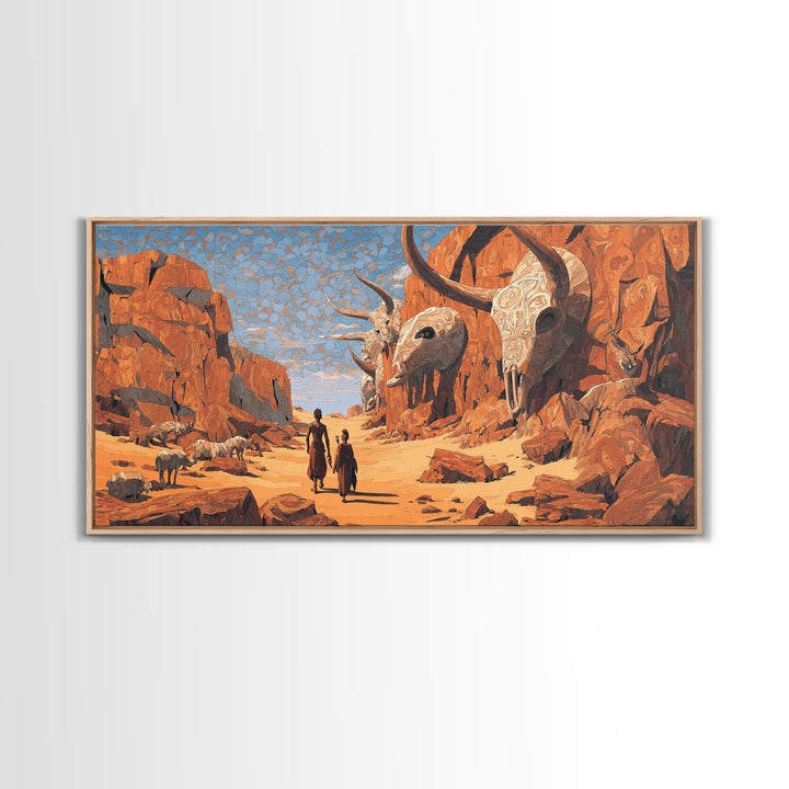 African Desert Canyon With Horned Skulls Wall Art, Tribal Journey Painting, African Warrior Art, Rustic Safari Decor Gift