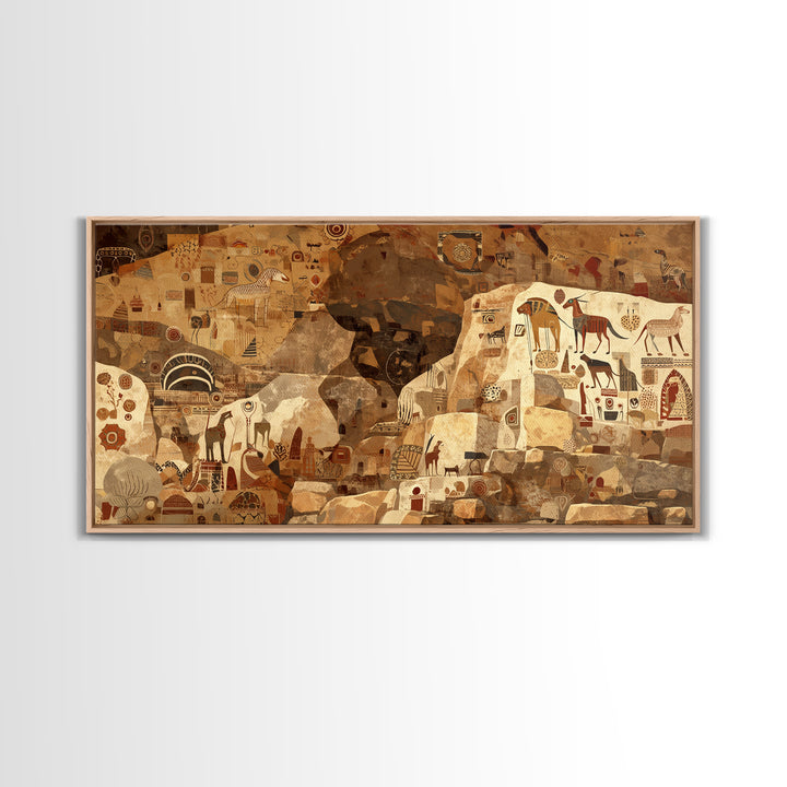 Ancient Sahara Cave Mural With Tribal Animals Wall Art African Safari Art, Earth Tone Cultural Decor For Living Room Statement Piece