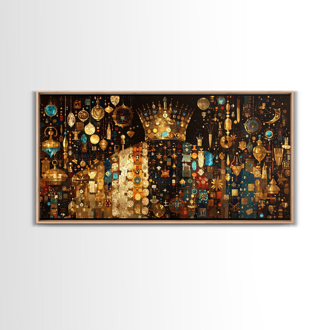 Jeweled African Queen In Gold And Turquoise Framed Canvas Print Black Goddess Art, Luxury Afrocentric Wall Decor Gift For Her