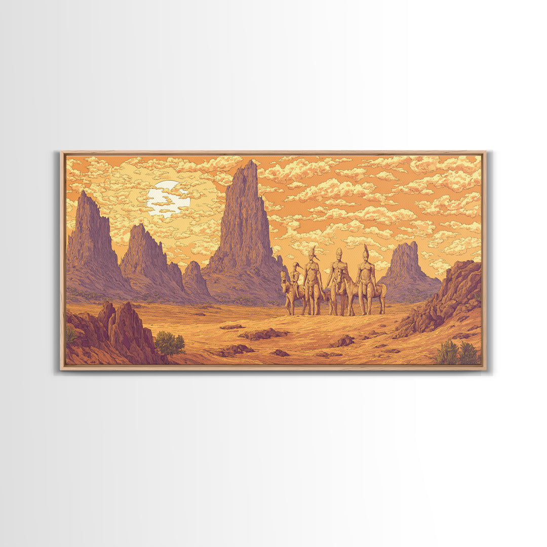 Five Desert Warriors Beneath Orange Sun Canvas Print African Warrior Art, Tribal Landscape Decor, Bold Southwest Wall Art Print