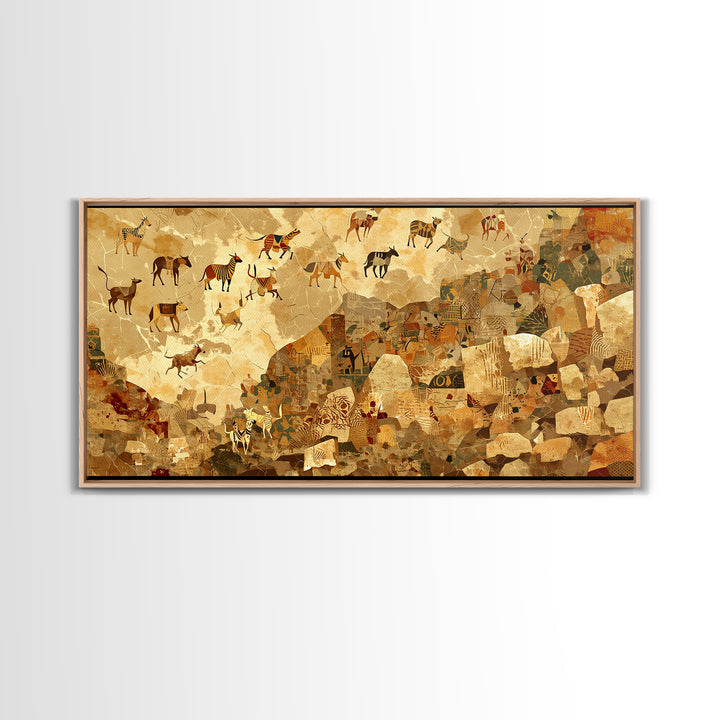 Ancient Herds Above Earthen Village Wall Art African Safari Art, Tribal Culture Landscape, Earth Tone Home Decor For Living Room