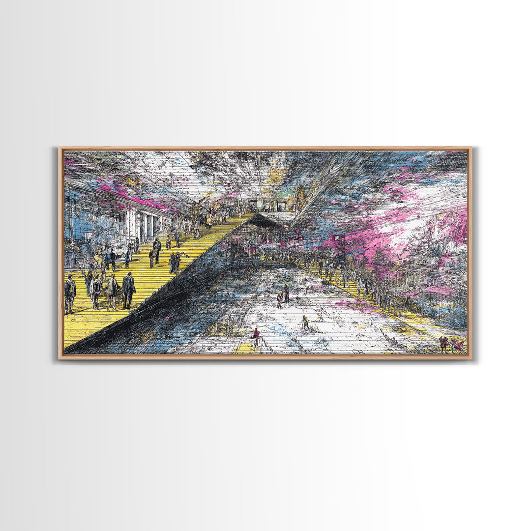 Futuristic City Transit Sketch With Yellow Stairs Wall Art, Urban Modern Art Print, Abstract Gallery Decor, Statement Canvas