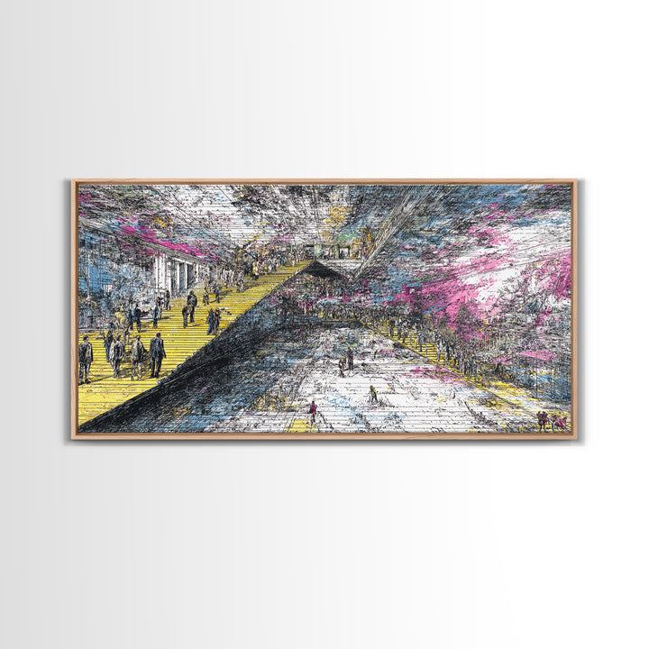 Futuristic City Transit Sketch With Yellow Stairs Wall Art, Urban Modern Art Print, Abstract Gallery Decor, Statement Canvas