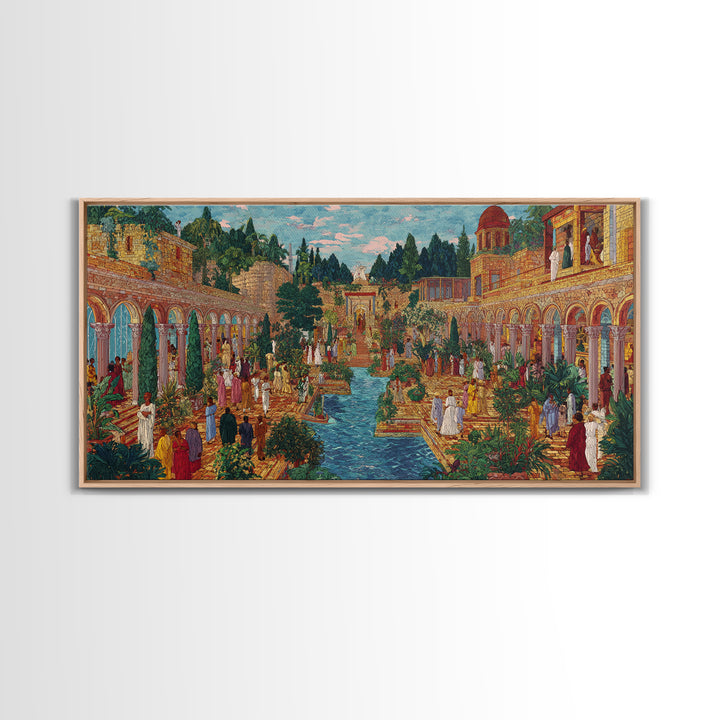 Lush Palace Garden With Arches And Pool Framed Canvas Print, African Inspired Wall Art, Elegant Cultural Home Decor Gift