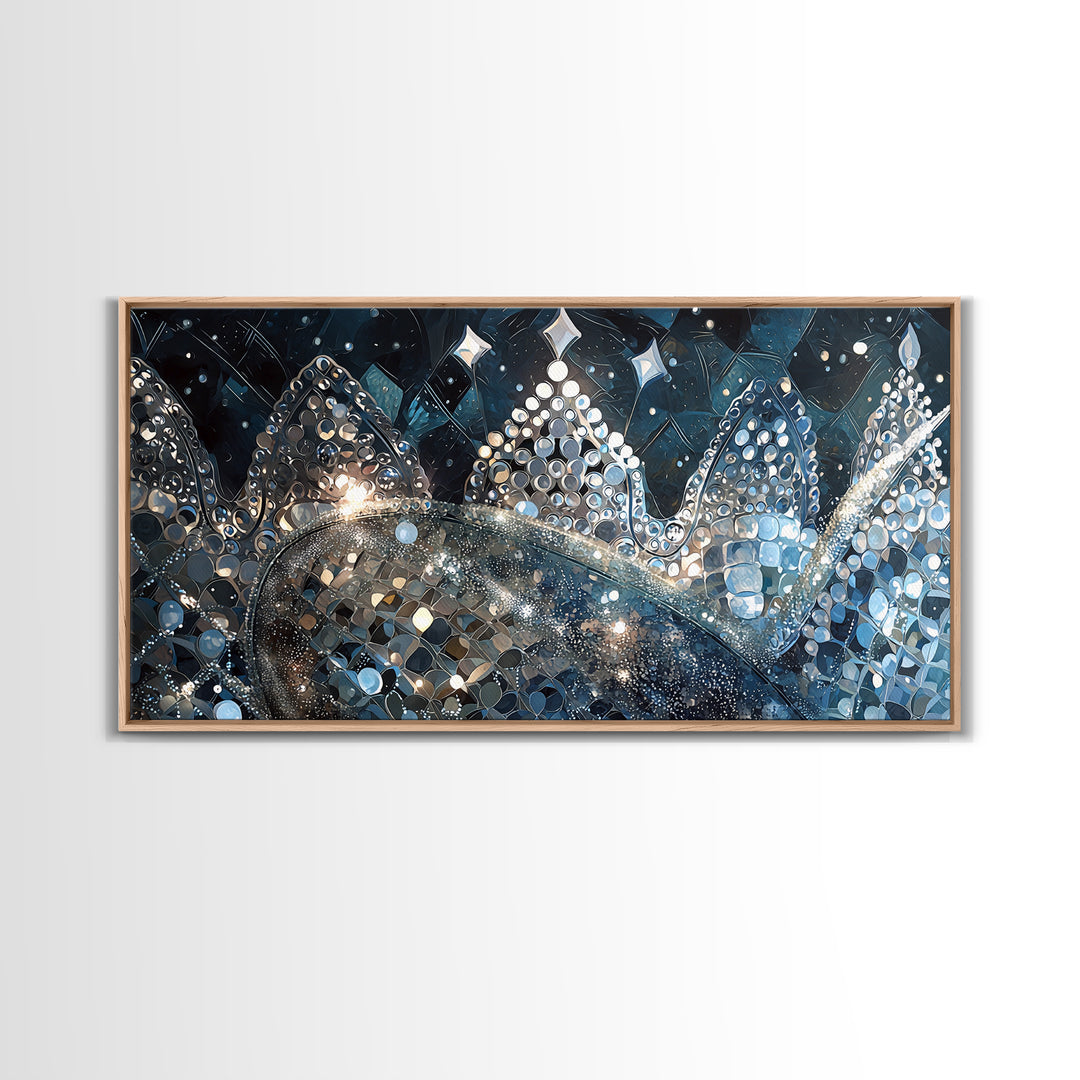 Jeweled Blue Silver Crowns And Stars Canvas Print, Abstract Wall Art, Luxury Black Gold Decor, Dreamy Modern Gallery Gift