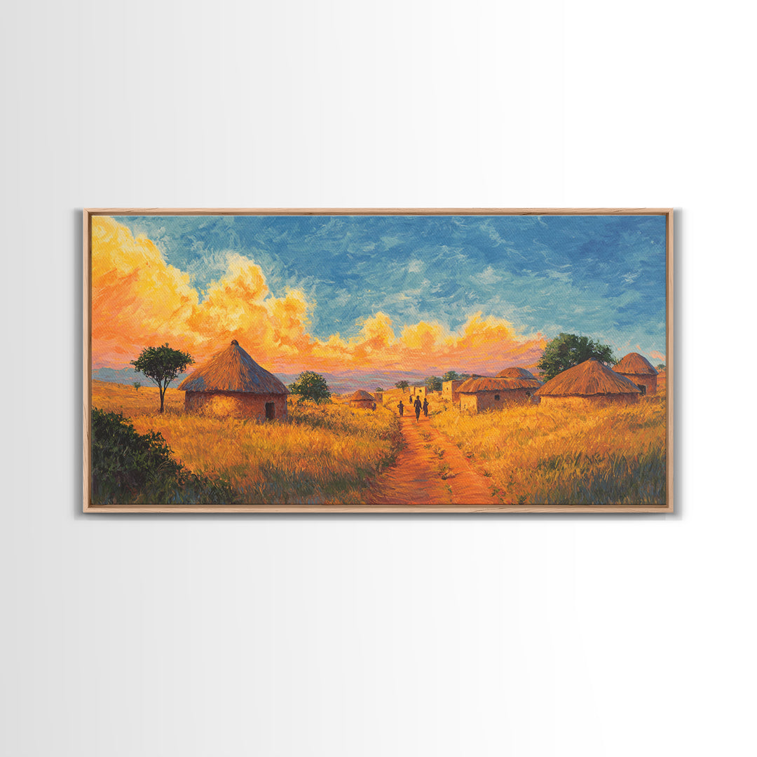 Golden Savanna Huts Under Brilliant Clouds Canvas Print, African Landscape Wall Art, Safari Decor, Motherland Home Art Gift