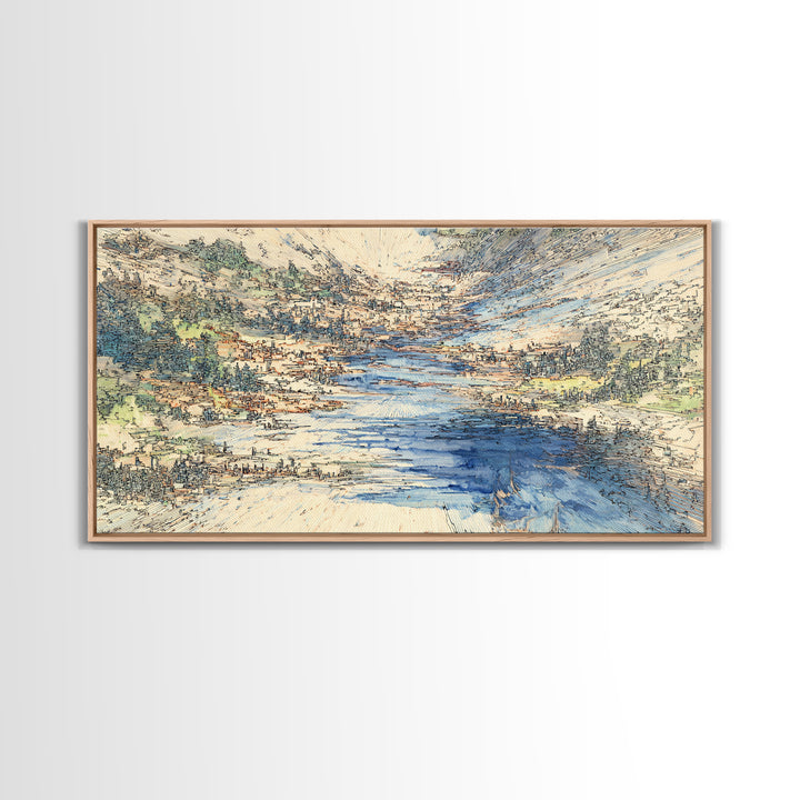 Blue Mountain Valley River And Villages Wall Art, African Landscape Art Print, Serene Nature Decor, Modern Canvas Home Gift