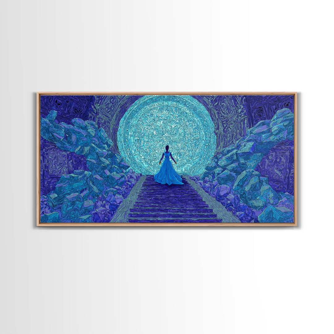 Blue Goddess Before Luminous Moon And Stone Stairway Framed Canvas Print, Mystical Wall Art, Spiritual Afrocentric Bedroom Decor Gift