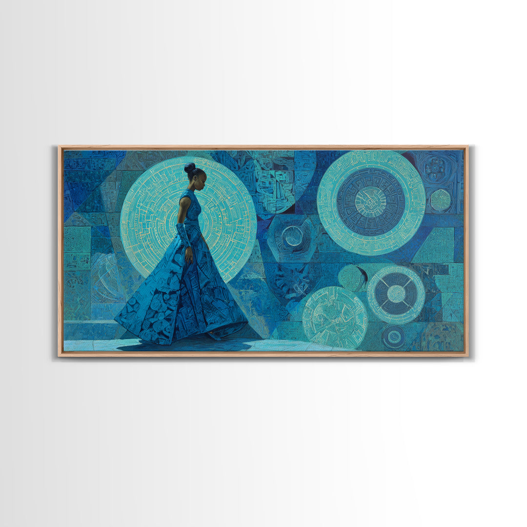 Blue Gown African Woman With Geometric Circles Canvas Print, Modern Afrocentric Wall Art, Elegant Feminine Home Decor Gift