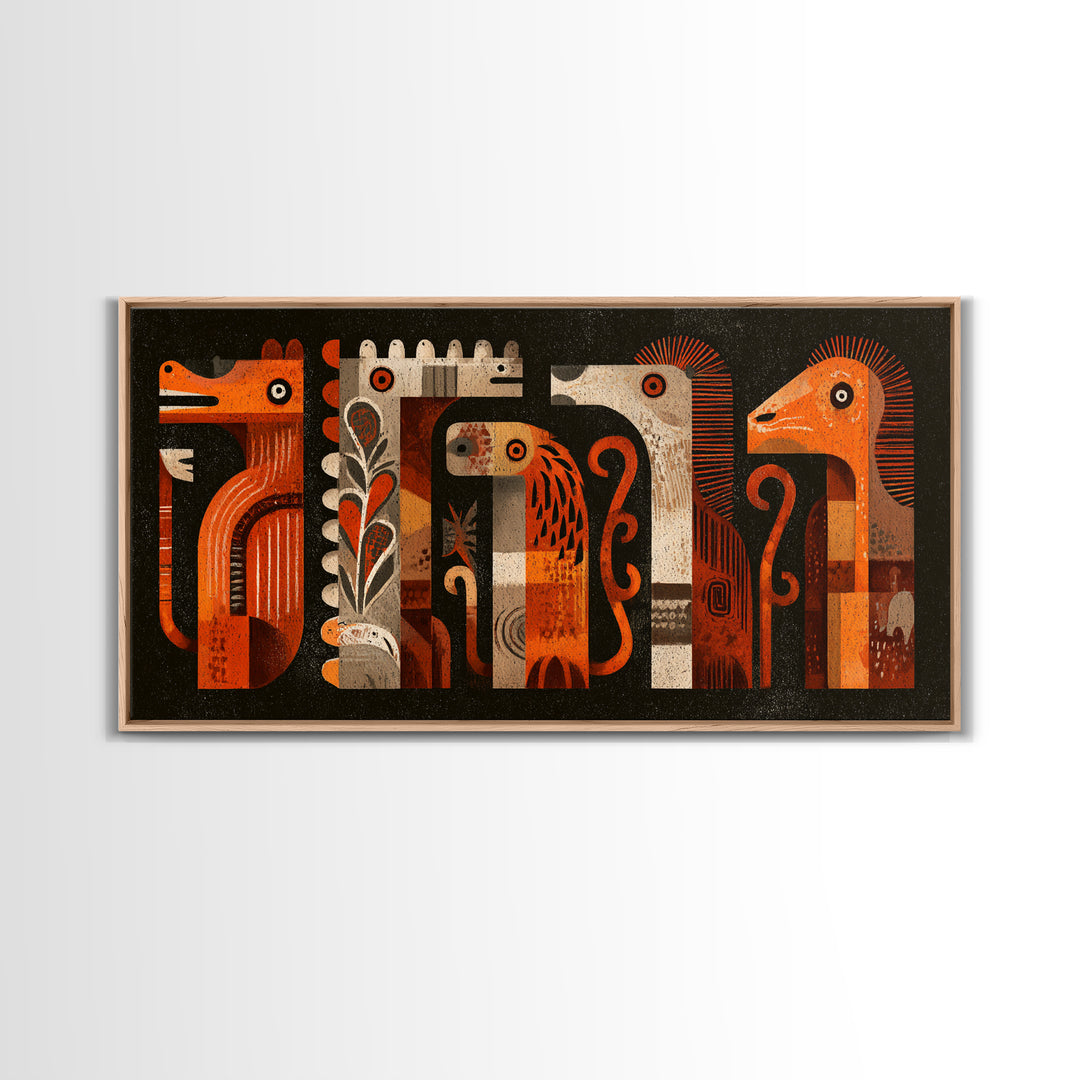Orange Tribal Bird And Animal Figures Canvas Print, African Inspired Wall Art, Boho Geometric Safari Home Decor, Mid Century Gift