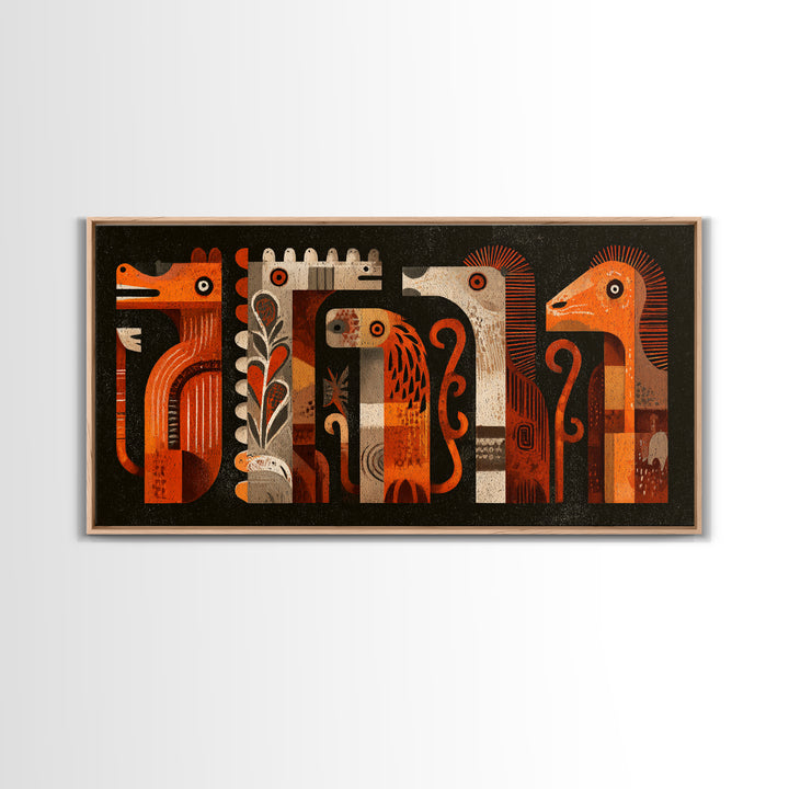 Orange Tribal Bird And Animal Figures Canvas Print, African Inspired Wall Art, Boho Geometric Safari Home Decor, Mid Century Gift
