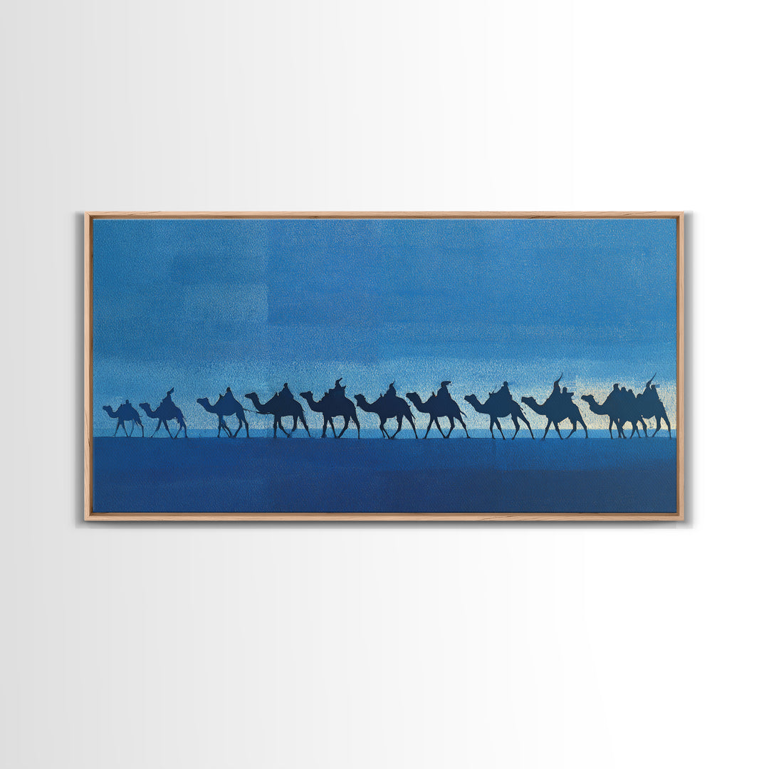Blue Desert Camel Caravan Silhouette Wall Art, African Safari Print, Nomad Travel Decor, Modern Blue Landscape Poster Gift