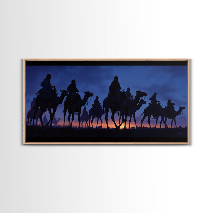 Twilight Camel Caravan Silhouette Framed Canvas Print, African Travel Wall Decor, Blue Desert Nomad Landscape Art Gift For Him