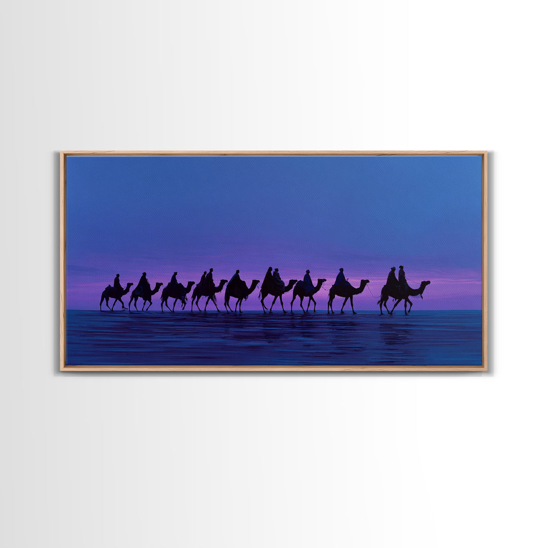 Purple Sunset Camel Caravan Canvas Print, African Safari Wall Art, Coastal Desert Silhouette Decor, Boho Travel Gift Idea