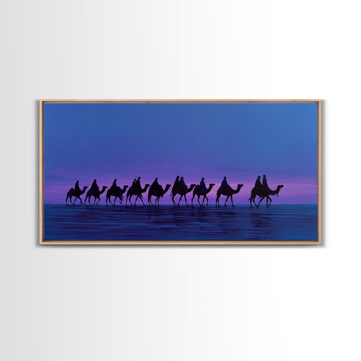 Purple Sunset Camel Caravan Canvas Print, African Safari Wall Art, Coastal Desert Silhouette Decor, Boho Travel Gift Idea
