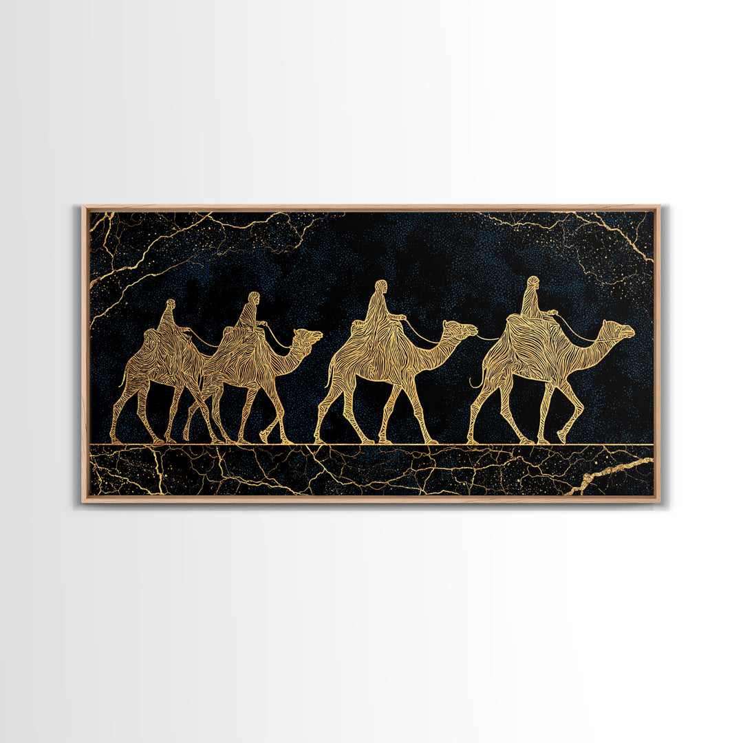 Gold Line Camel Caravan Wall Art, Black And Gold African Safari Print, Desert Nomad Decor, Luxury Canvas Style Gift For Her