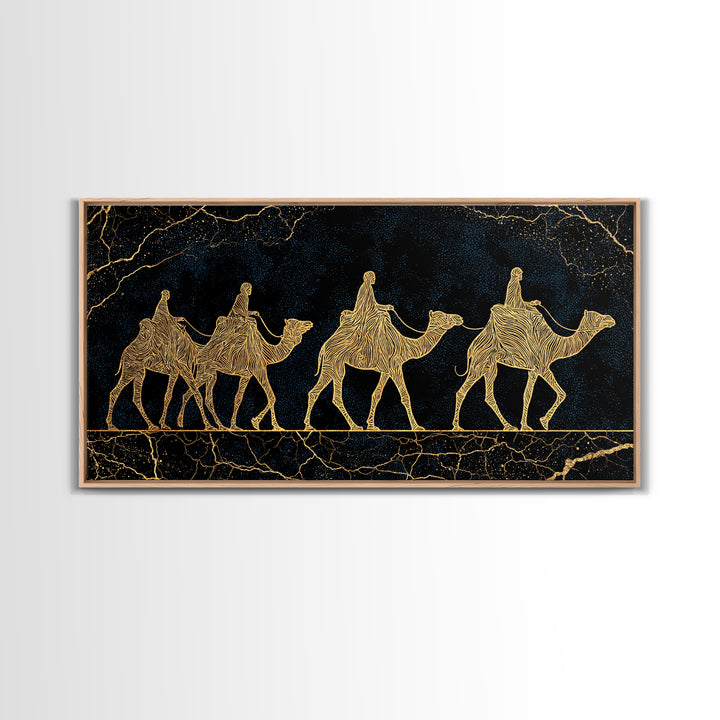 Gold Line Camel Caravan Wall Art, Black And Gold African Safari Print, Desert Nomad Decor, Luxury Canvas Style Gift For Her