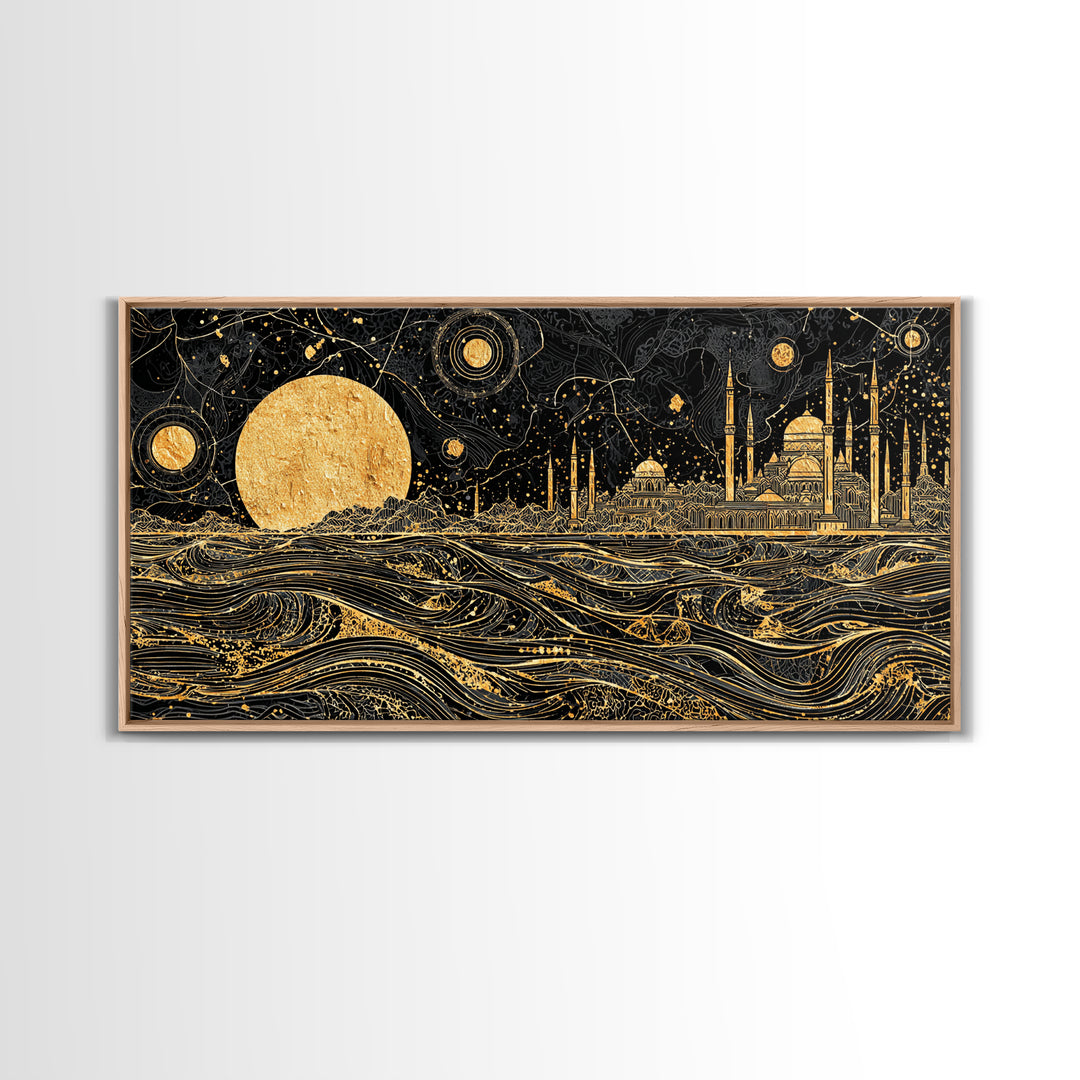 Gold Moon Mosque Skyline Canvas Print, Black And Gold Wall Art, Moroccan Travel Decor, Mystical Night Landscape Gift Idea