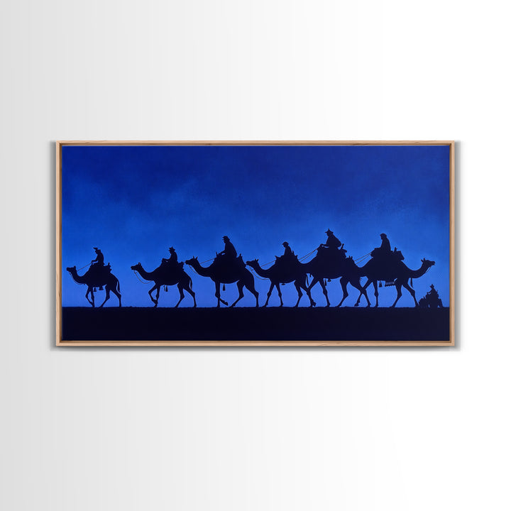 Cobalt Camel Caravan Silhouette Canvas Print, African Wall Art, Minimalist Desert Travel Decor, Blue Nomad Art Gift For Him