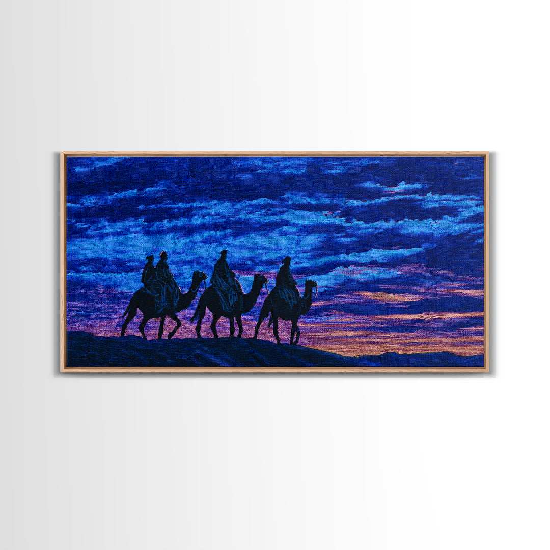 Textured Blue Sunset Camel Caravan Wall Art, African Safari Print, Purple Desert Silhouette Decor, Dreamy Travel Gift Idea
