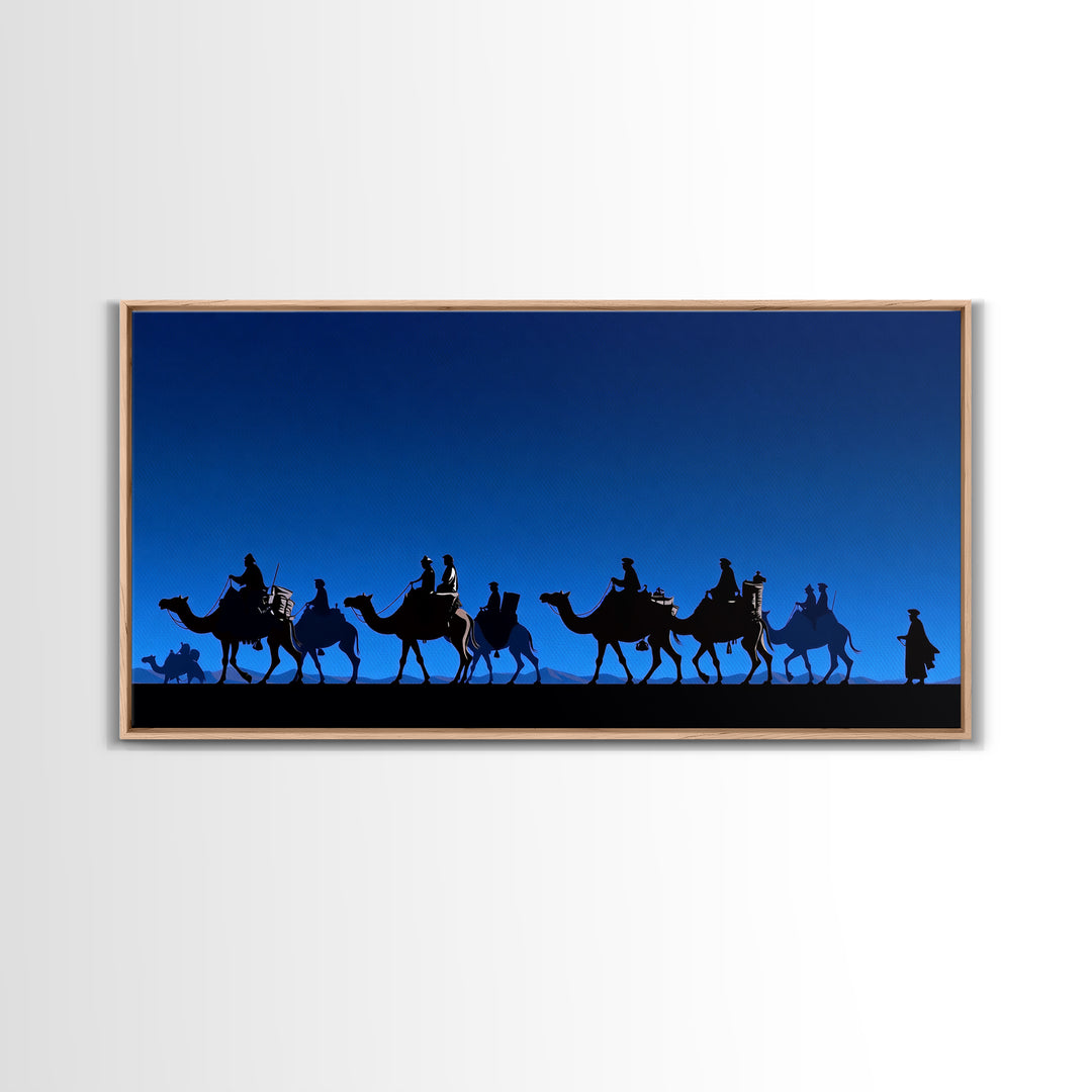 Bright Blue Camel Caravan Journey Silhouette Canvas Print, African Safari Wall Art, Desert Nomad Decor, Travel Gift For Him