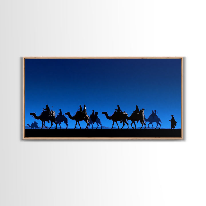Bright Blue Camel Caravan Journey Silhouette Canvas Print, African Safari Wall Art, Desert Nomad Decor, Travel Gift For Him