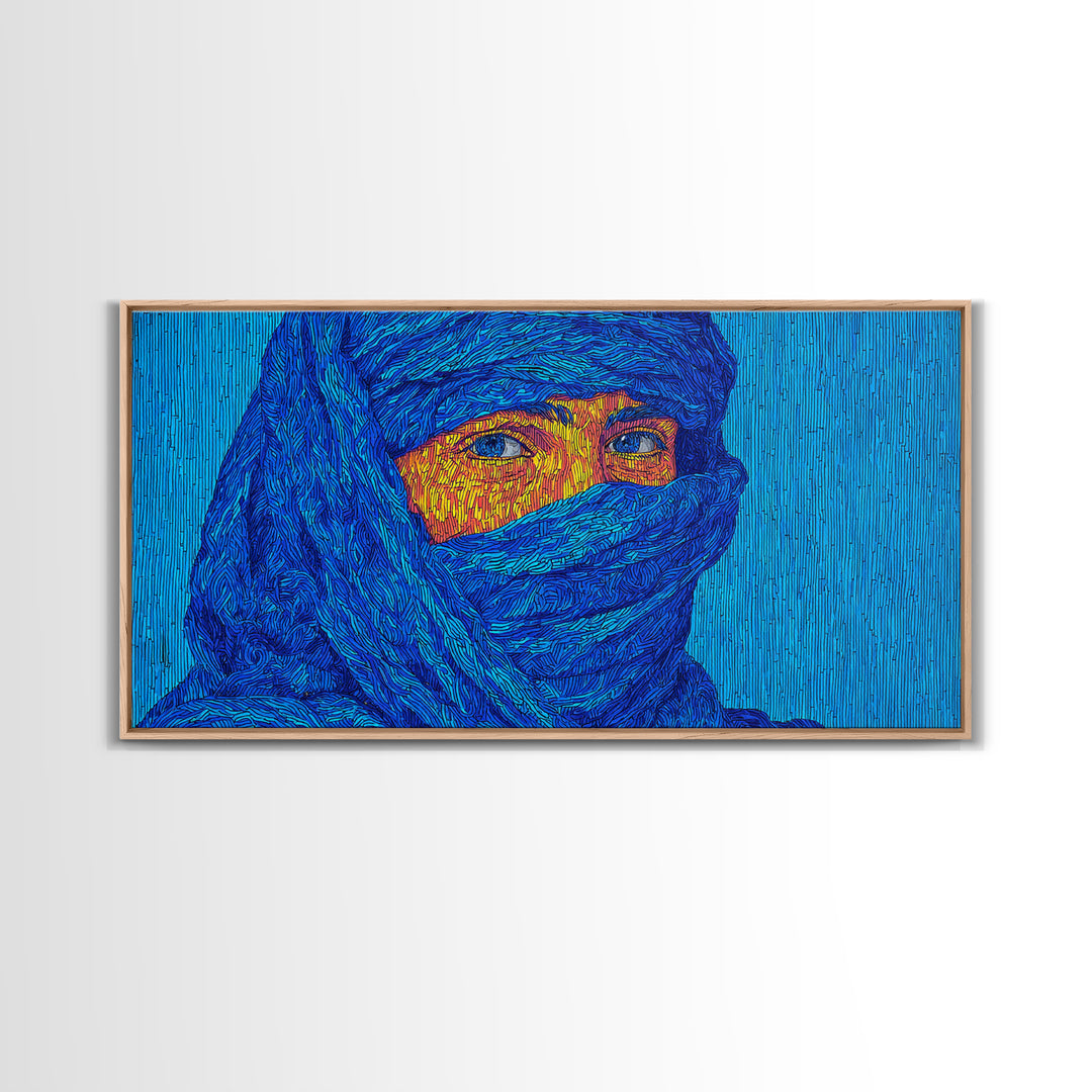 Blue Veiled African Woman Portrait Wall Art, Tuareg Inspired Afrocentric Decor, Bold Black Beauty Canvas For Living Room