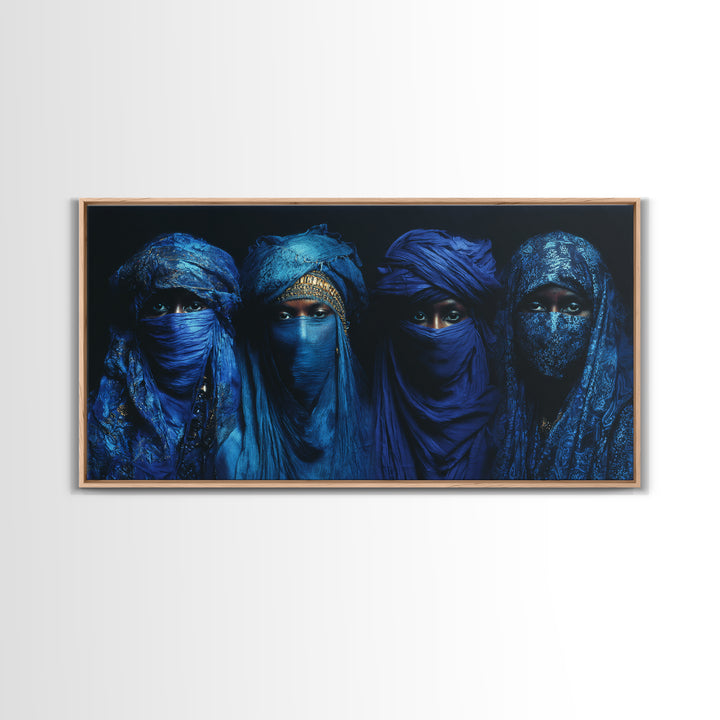 Four Blue Veiled African Women Framed Canvas Print, Tuareg Portrait Wall Decor, Afrocentric Black Culture Art Gift For Home Decor