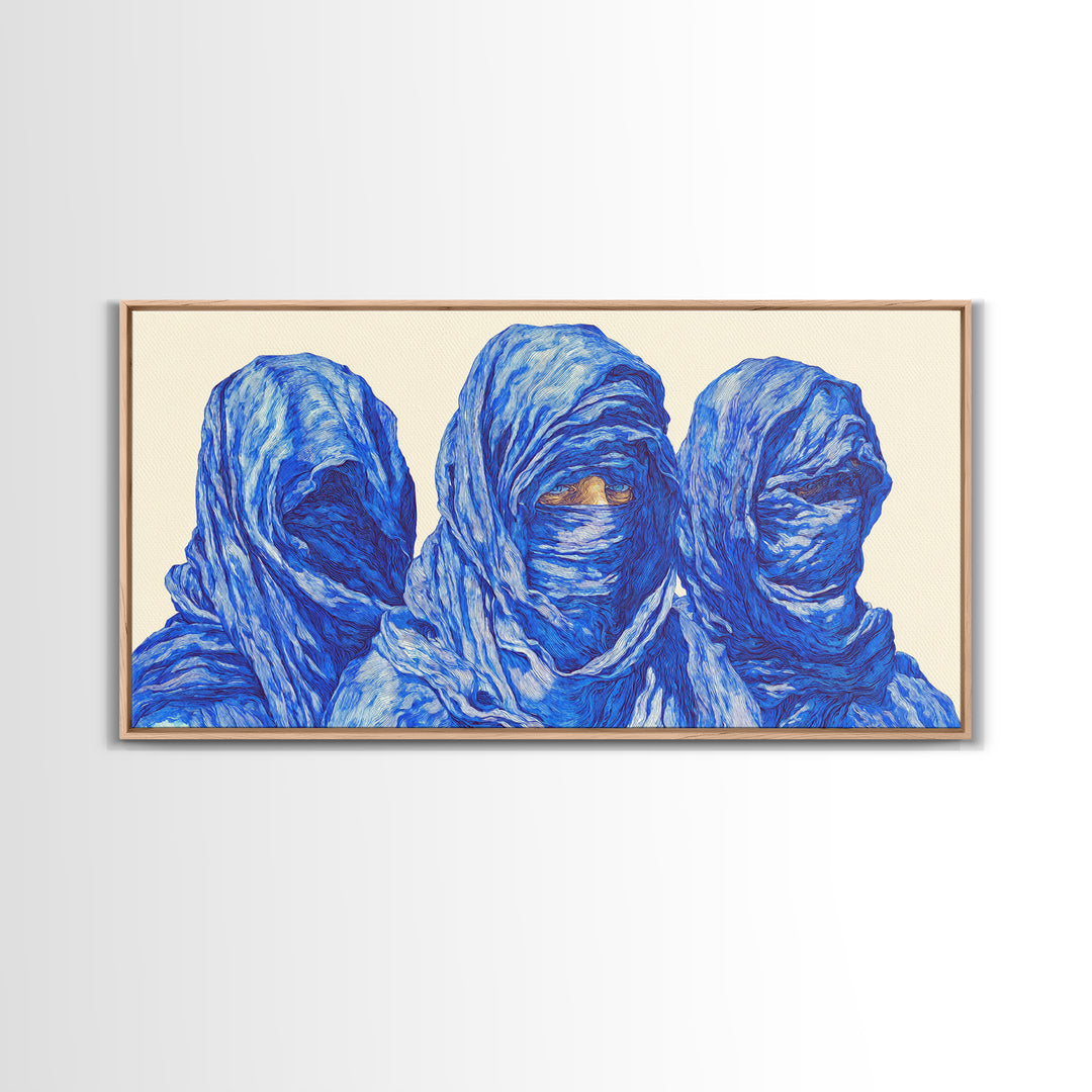 Three Blue Veiled Figures Wall Art, African Tribal Portrait Painting, Textured Tuareg Decor For Afrocentric Living Room Art