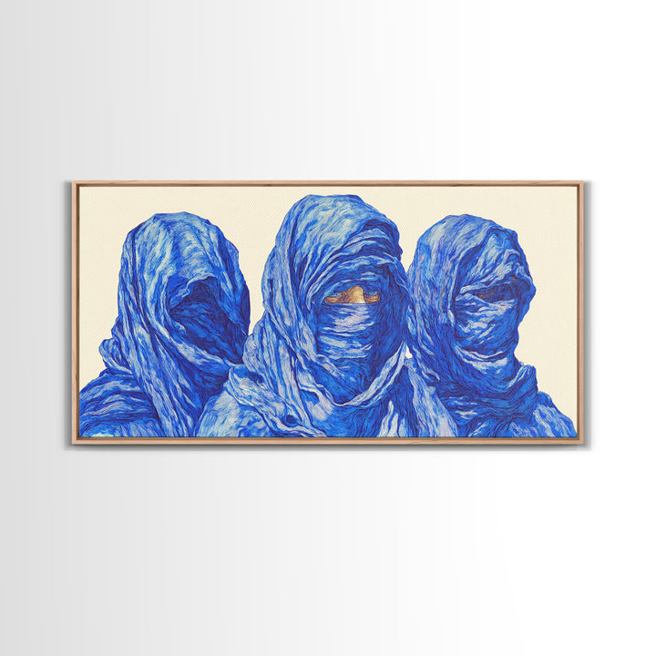 Three Blue Veiled Figures Wall Art, African Tribal Portrait Painting, Textured Tuareg Decor For Afrocentric Living Room Art