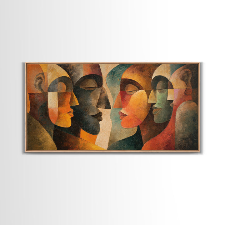 Abstract Cubist African Mask Faces Canvas Print, Earth Tone Tribal Wall Decor, Modern Ethnic Art For Home Gallery Decor Gift