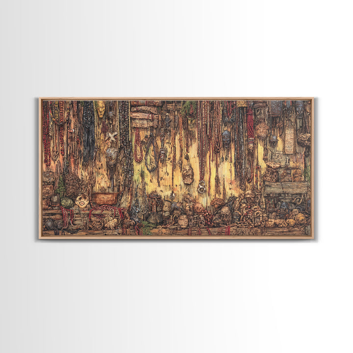 Rustic African Market Interior Canvas Print, Tribal Jewelry And Textile Wall Decor, Warm Boho Cultural Living Room Art Gift